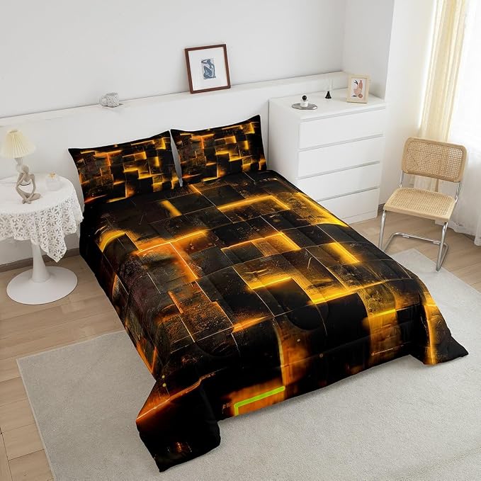 3D Geometric Bedding Set King Abstract Aesthetic King Comforter, Black and Orange Duvet Insert Glowing Futuristic Cubes Quilt Comforter, Neon Grid Bedding Comforters & Sets 3-Piece (Black Reversible)