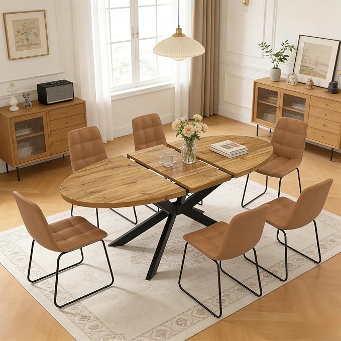 63"-78.7" Extendable Round Dining Table Set for 6, 7 Piece Mid Century Modern Oval Kitchen Table Set, Large Dining Table with 6 Dining Chairs for Living Room Space Saving（Walnut Table+6 Brown Chairs)