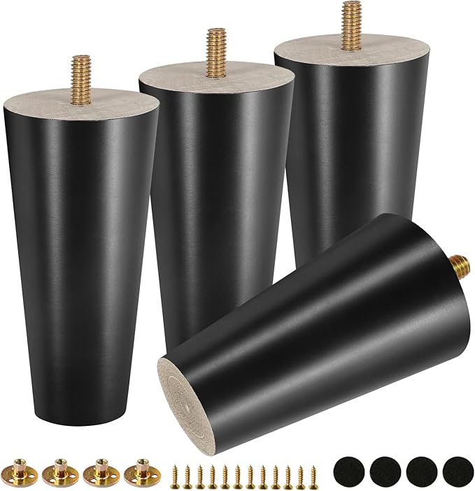 FoDau770 Black Rubber Wood Furniture Legs 5 Inches, Straight Tapered Wood Feet Mid Century Sofa Legs Set of 4, 5/16" UNC Furniture Feet Replacement Parts for Cabinet Couch Dresser Chair Ottoman Table