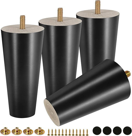 FoDau770 Black Rubber Wood Furniture Legs 5 Inches, Straight Tapered Wood Feet Mid Century Sofa Legs Set of 4, 5/16" UNC Furniture Feet Replacement Parts for Cabinet Couch Dresser Chair Ottoman Table