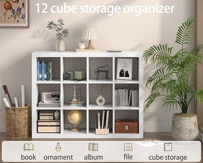 furtble 12-Cube Storage Organizer, Modern White Bookcase for Bedroom, Multifunctional Display Cube Bookshelf for Living Room, Bedroom, Home Office