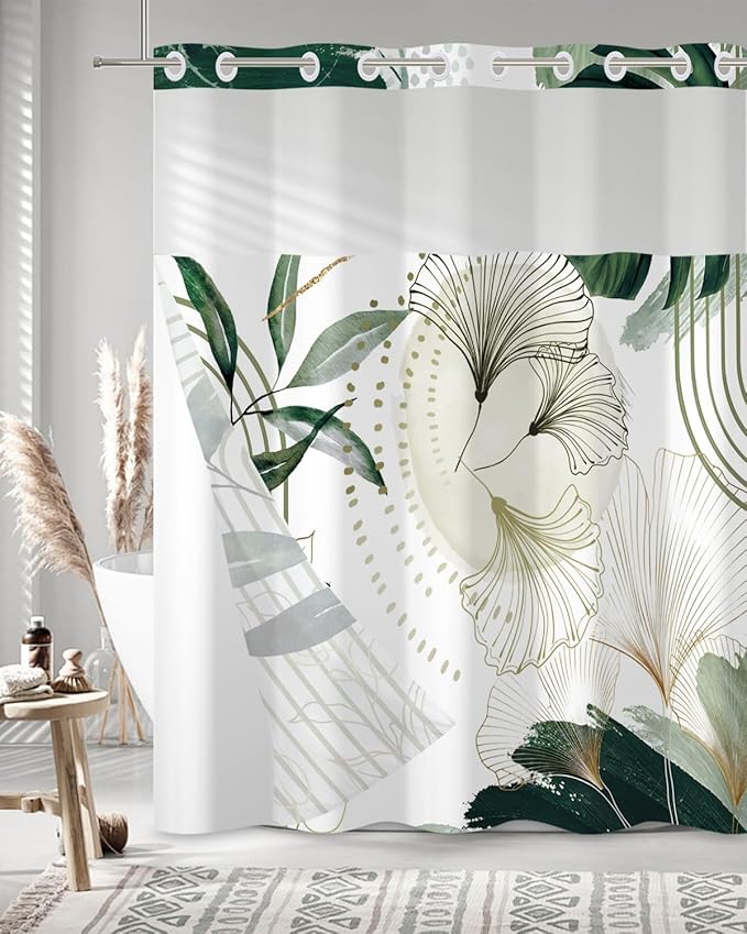 No Hook Shower Curtain with Snap in Liner Set, Abstract Green Botanical Leaf Print Shower Curtains for Modern Boho Bathroom, Mesh Top Waterproof Double Layer Bath Curtain, 71x74 Inch