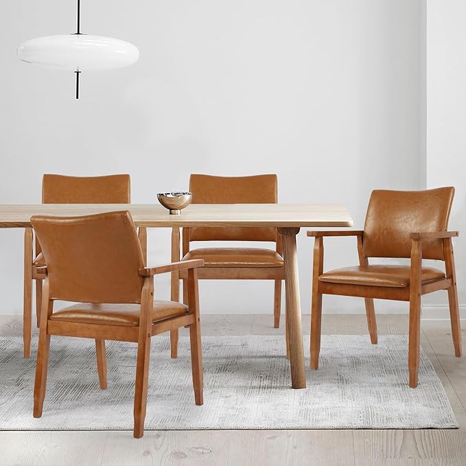 NOBPEINT Mid-Century Dining Side Chair with Faux Leather Seat in Brown, Arm Chair in Walnut, Set of 4
