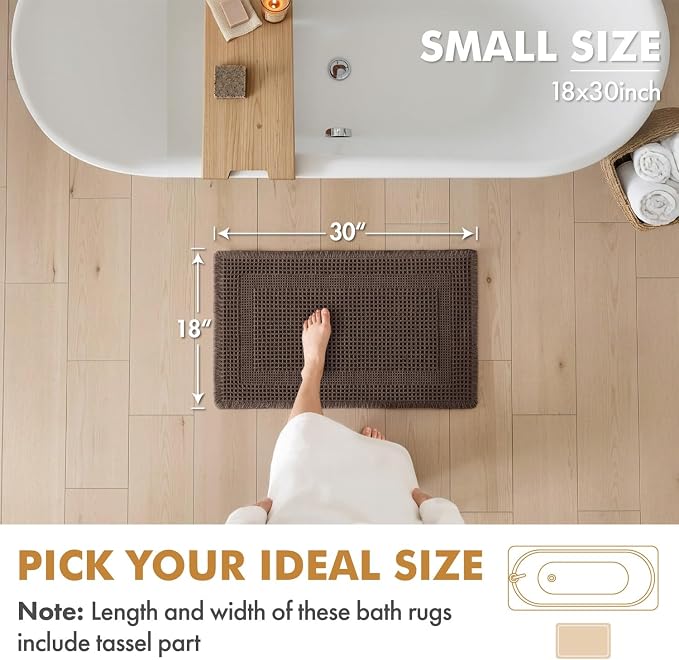 MIULEE Set of 2 Waffle Bathroom Rugs, Boho Bath Rug Super Absorbent, Non Slip Washable Ultra Soft Rubber Backed Shower Bath Mats for Floor, Tub, Shower, Looped Design, Chocolate, 18x30 Inch