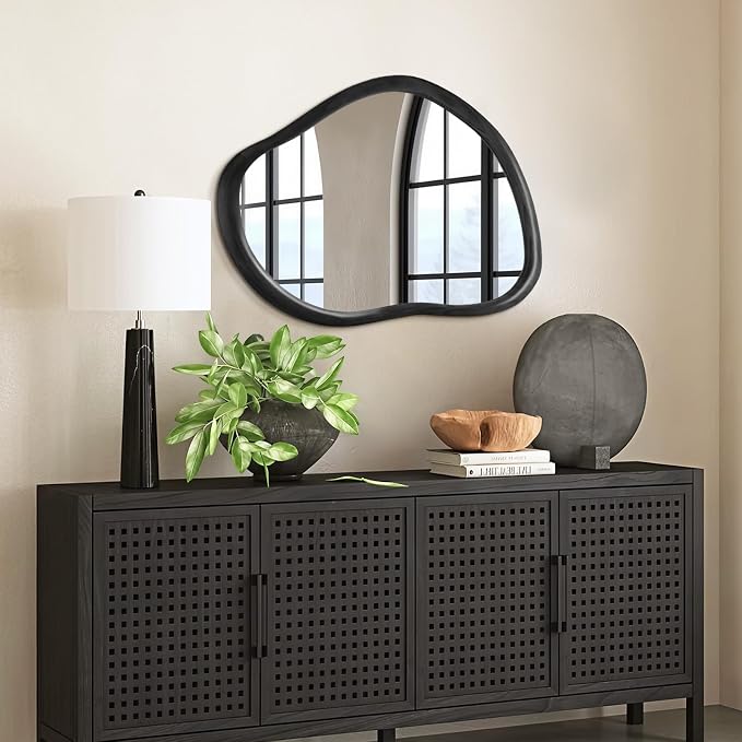 35"x24" Wood Bathroom Mirror Wall Mounted, Black Irregular Wall Mirror, Rustic Farmhouse Vanity Mirror for Bedroom Living Room Bathroom Entryway, Horizontal/Vertical