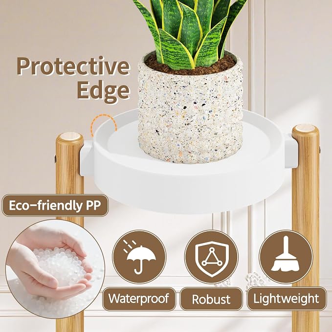 LASZOLA Bamboo White 3 Tier Heavy Duty Plant Stand Indoor, Tall Multiple Level Vertical Planter Rack for Modern Narrow Corner, Slim Spiral Flower Holder Organizer Display for House Decor, Plastic Tray