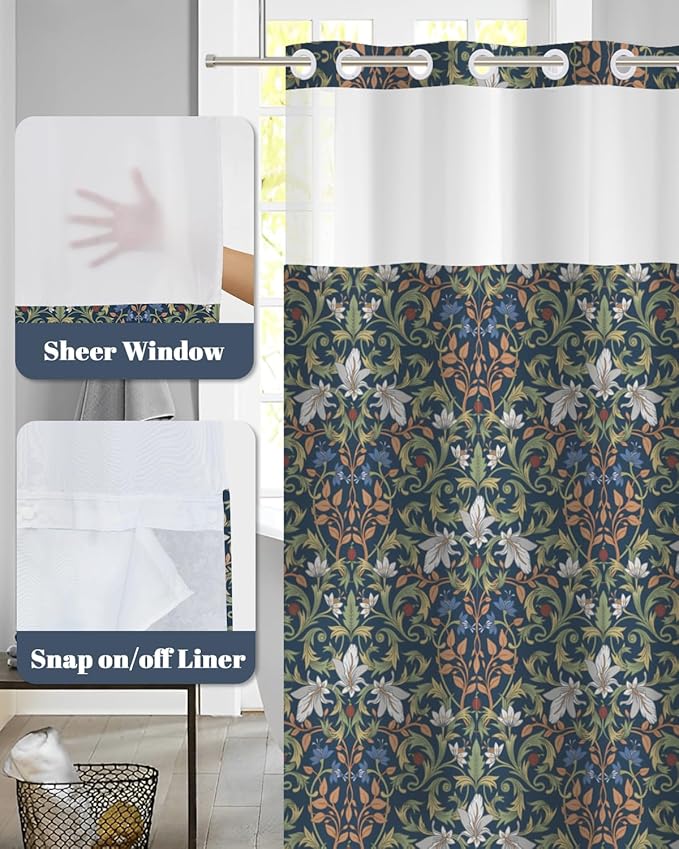 No Hook Shower Curtain and Snap in Liner Set - Vintage William Morris Floral Botanical Pattern Shower Curtains for Modern Farmhouse Bathroom, Mesh Top Waterproof Bath Curtain, 71Wx74H