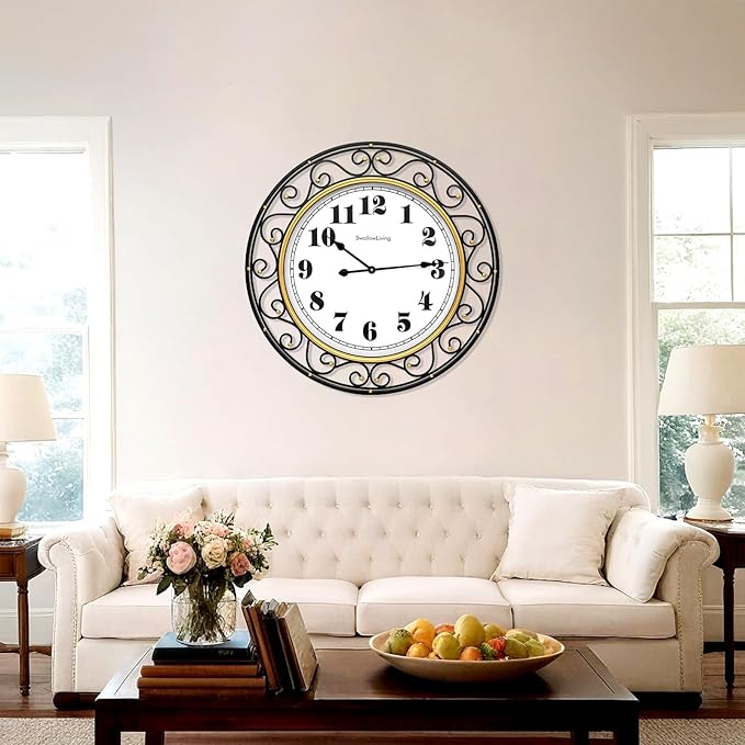 SwallowLiving 30 Inch Vintage Iron Large Black Metal Frame Wall Clock Silent, Battery Operated, Elegant Retro Decor for Living Room, Kitchen, Office, Dining Room, and Bedroom