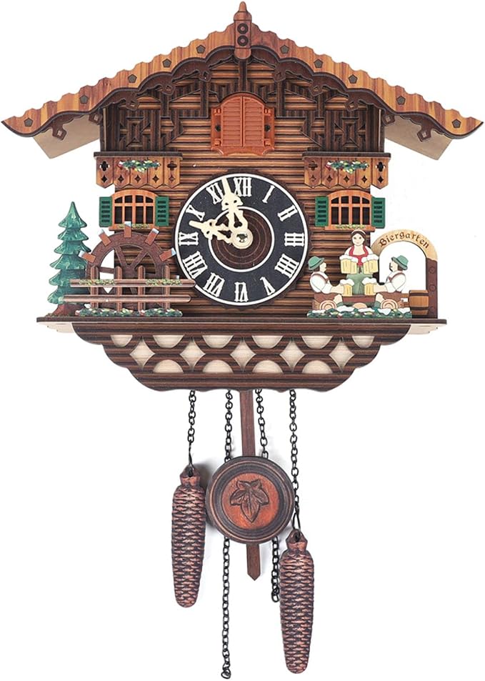 Cuckoo Clock, Retro Wooden Cuckoo Birdhouse Antique Wall Clock Forest Clock Home Decor Auto Swing with Singing Bird Vintage Chalet Design(No Battery) (Type C)