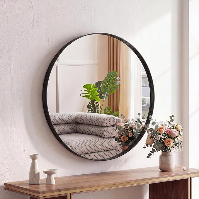 NEWBULIG 24-Inch Round Wall Mirror, Bathroom Wall Circle Mirror with Metal Frame, Bathroom Decor for Entryway, Living Room, Vanity, Black