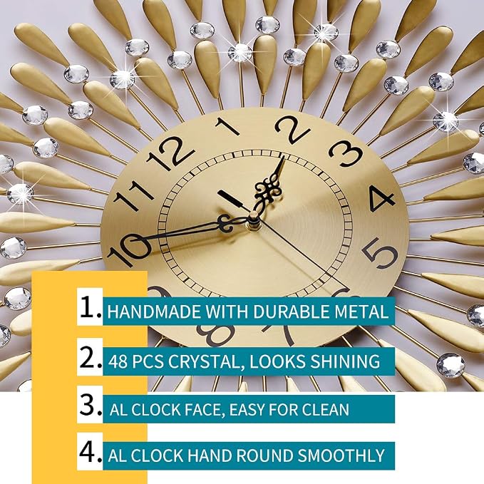 Large Wall Clock Metal Decorative 3D Non-Ticking Silent Quartz with Arabic Numerals for Living Room Home Kitchen Decor Gold