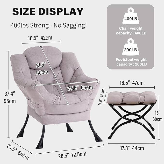 Tiita Modern Lazy Chair with Ottoman, Large Accent Armchair, Leisure Sofa Armchair with Footrest for Bedroom, Living Room, and Dorm Rooms