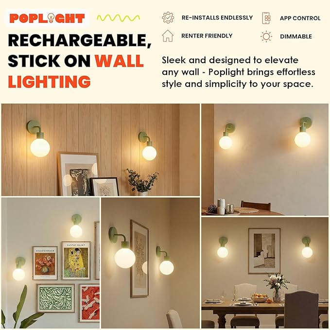 Wireless Wall Sconce (Shark Tank) Rechargeable & Dimmable LED Light w/App Control & Damage-Free Install, Moveable Modern Ambient Lighting for Elegant Home & Bedroom Decor | Sage Green