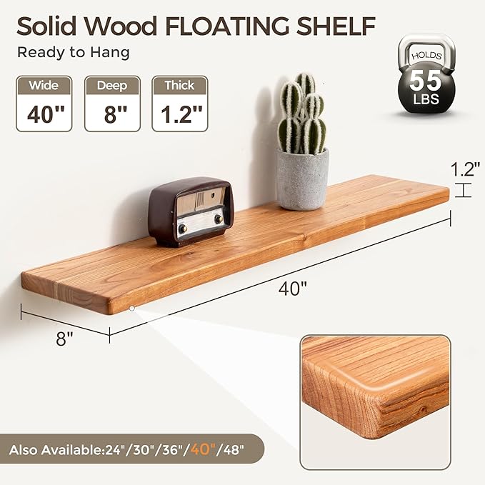 Fun Memories 40 Inch Floating Shelves, Rustic Solid Wood Wall Shelves Set of 2, 8 Inch Deep Floating Shelf for Bathroom, Bedroom, Heavy-Duty Wooden Shelf Wall-Mounted for Home Decor & Storage