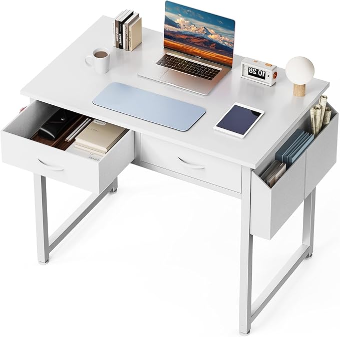 DUMOS 32" Home Office Computer Desk with Drawers, Small Gaming Writing Study Table with Storage Side Bag, Headphone Hook and Adjustable Feet for Bedroom White