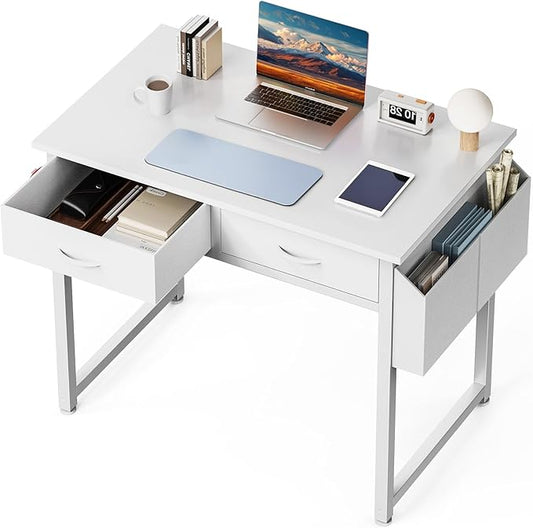 DUMOS 32" Home Office Computer Desk with Drawers, Small Gaming Writing Study Table with Storage Side Bag, Headphone Hook and Adjustable Feet for Bedroom White