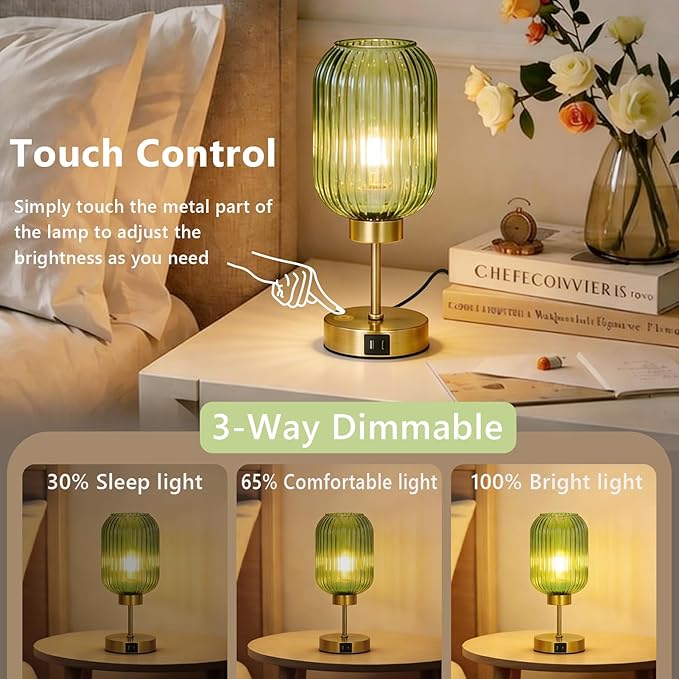 Vintage Table Lamp for Bedroom with Bulb, Small Green Glass Beside Lamp with USB Ports, 3 Way Dimmable Gold Desk Lamp, Mid Century Modern Nightstand Lamp for Living Room, Office, Home Decor