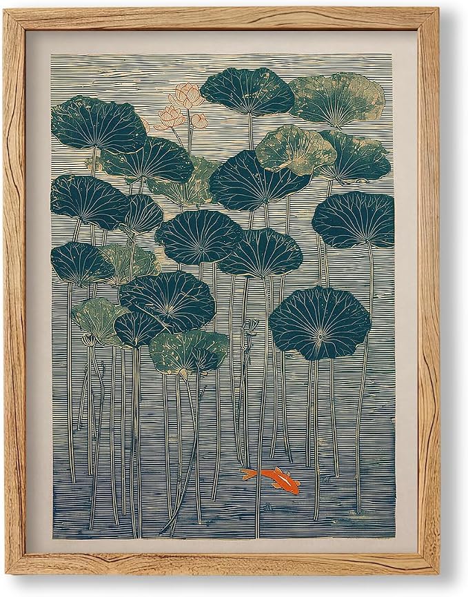 Framed Lotus And Koi Canvas Poster Japanese Floral Botanical Pond Wall Art Retro Oriental Asian Prints Decor for Bedroom Zen Meditation Room Home 08x10 inch