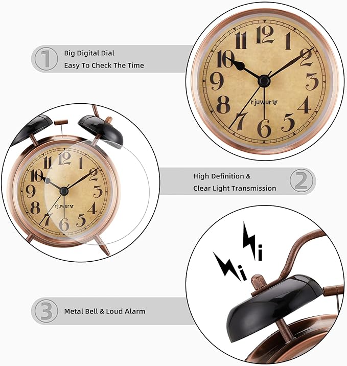 rjuwurv 4" Loud Alarm Twin Bell Alarm Clock, Night Light, Desk Clock Table Alarm Clock Bedroom Alarm Clock(Bronze)