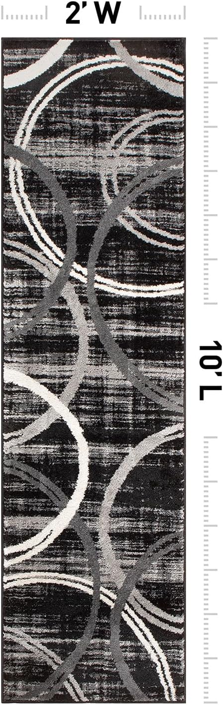 Rugshop Modern Wavy Circles Design Runner Rug, Fade-Resistant Carpet for Hallway, Entryway, or Kitchen, Black, 2' x 10'