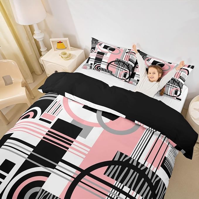 Erosebridal Art Deco Mid Century Duvet Cover Set Retro Modern Abstract Geometric King Bedding Set for Adult Men Black and White Pink Circles Stripes Comforter Cover Contemporary Bed Sets