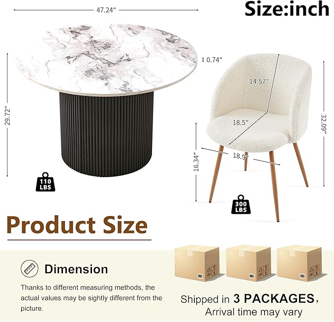 47" Round Dining Table Set for 4,Industrial Circle Kitchen Table Set with Off White Sherpa Barrel Dining Accent Side Chairs Set for Coffee Shop, Two-Part White Marble Look Tabletop