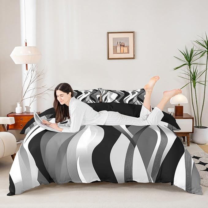 Grey Black Stripes Duvet Cover Set Full Size,Abstract Geometric Comfy Striped Waves Bedding Set,Boys Girls Room Decor,Minimalist Art Style Comforter Cover,Chic Quilt Cover,2 Pillowcases(No Filler)