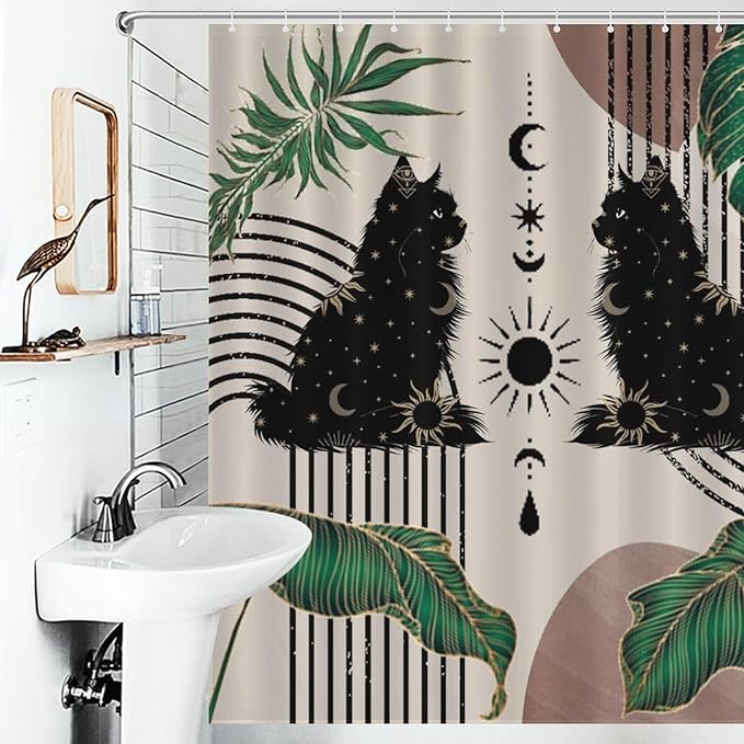 Boho Mid Century Cat Shower Curtain Retro Moon Star Leaves Black Cat Geometric 70s Vintage Waterproof Shower Curtains for Bathroom Decor 12 Pack Hooks 66x72in（168x183cm）