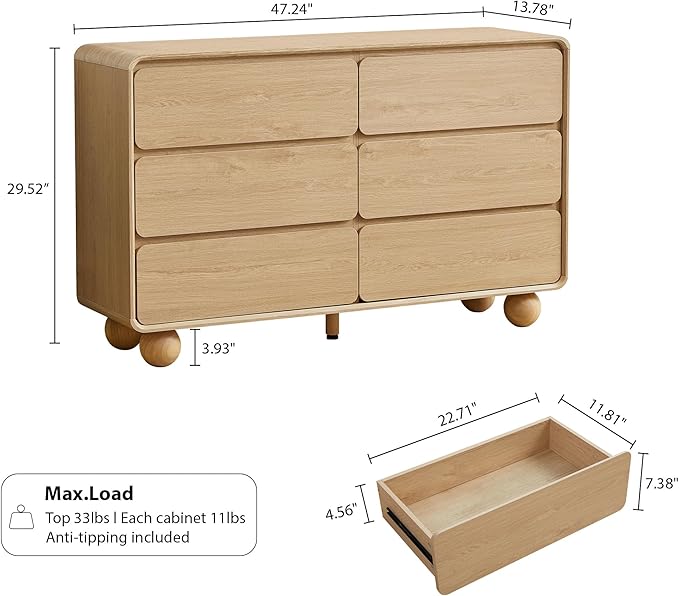 AVZEAR Modern 6 Drawer Dresser for Bedroom, 48" Wide Wooden Dresser Chest of Drawers, Curved Profile Design, Closet Clothes Storage Organizer for Kids Bedroom, Living Room, Nursery, Natural Color