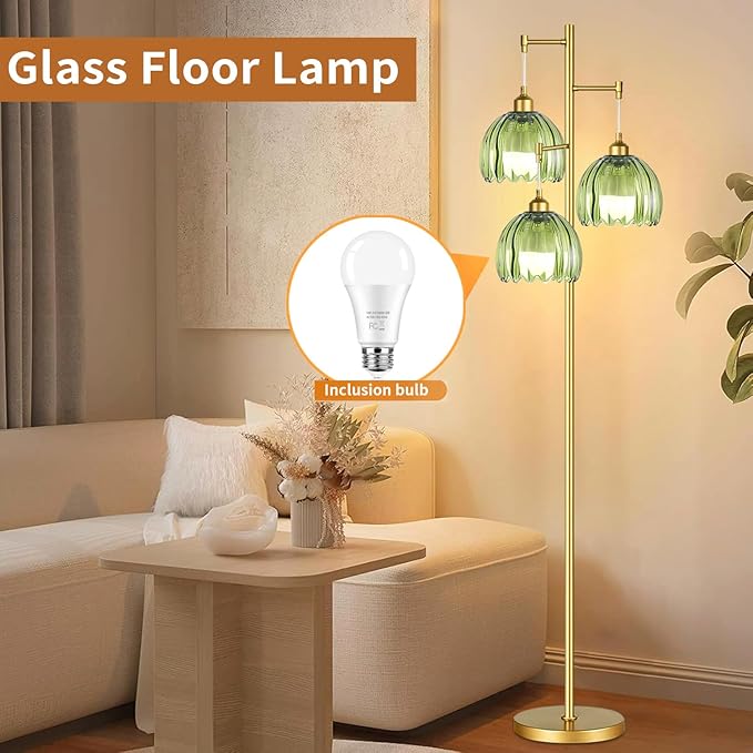 ZECOXOL Gold Floor Lamps for Living Room Bedroom-3 Light Glass Floor Lamp with Three Led Bulb, Rustic Tall Floor Lamp Gold Standing Lamp Tree Floor Lamps for Living Room Bedroom,Office,Corner