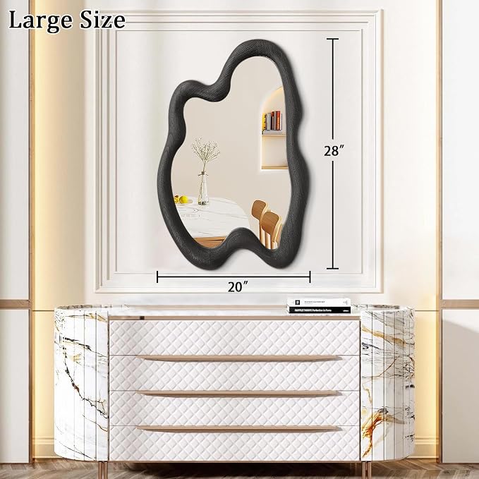 AAZZKANG Irregular Wall Mirror 28"x20" Black Asymmetrical Modern Wood Frame Mirrors Large for Bathroom Bedroom Living Room Entryway