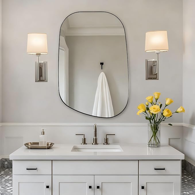 ANDY STAR Chrome Irregular Mirror, 24"x36" Silver Asymmetrical Wall Mirror in Stainless Steel Metal Frame, Unique Vanity Mirror with Modern Curved Design, Ideal for Bathroom, Bedroom, Entryway