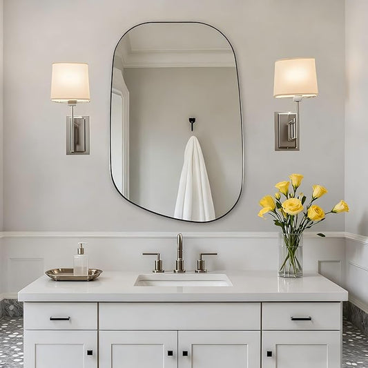ANDY STAR Chrome Irregular Mirror, 24"x36" Silver Asymmetrical Wall Mirror in Stainless Steel Metal Frame, Unique Vanity Mirror with Modern Curved Design, Ideal for Bathroom, Bedroom, Entryway