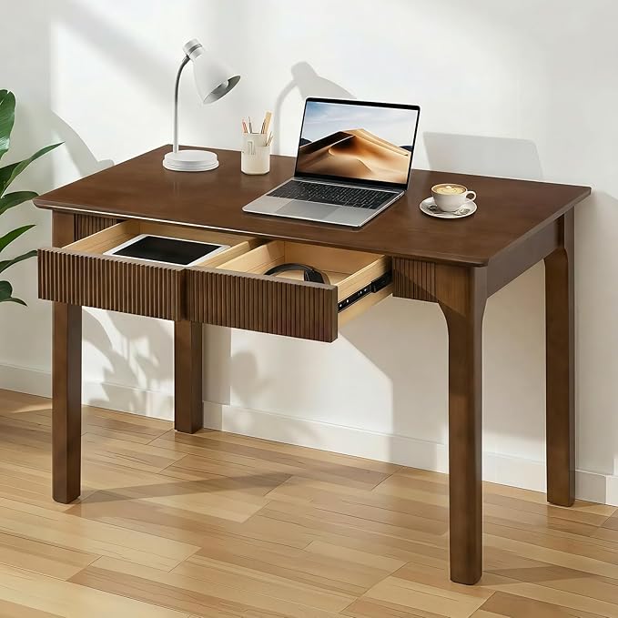 Solid Wood Desk with 2 Drawers,Mid Century Modern Fluted Writing Desk for Home Office,Bedroom,Living Room,Computer Table for Study/Work,oak wood,Easy Assembly. (Walnut, 47.25"L x 22"W x 29.5"H)