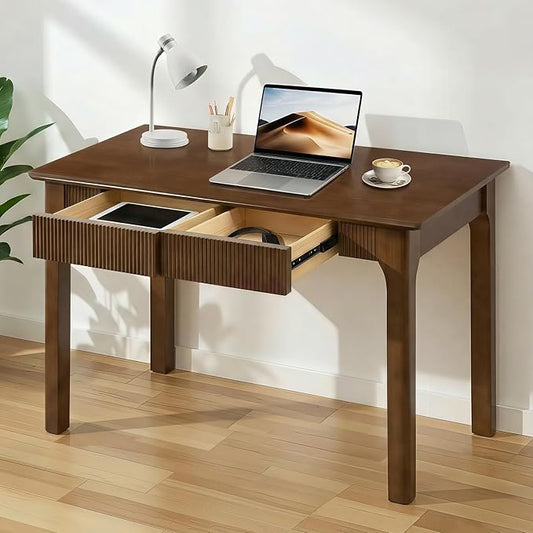 Solid Wood Desk with 2 Drawers,Mid Century Modern Fluted Writing Desk for Home Office,Bedroom,Living Room,Computer Table for Study/Work,oak wood,Easy Assembly. (Walnut, 47.25"L x 22"W x 29.5"H)