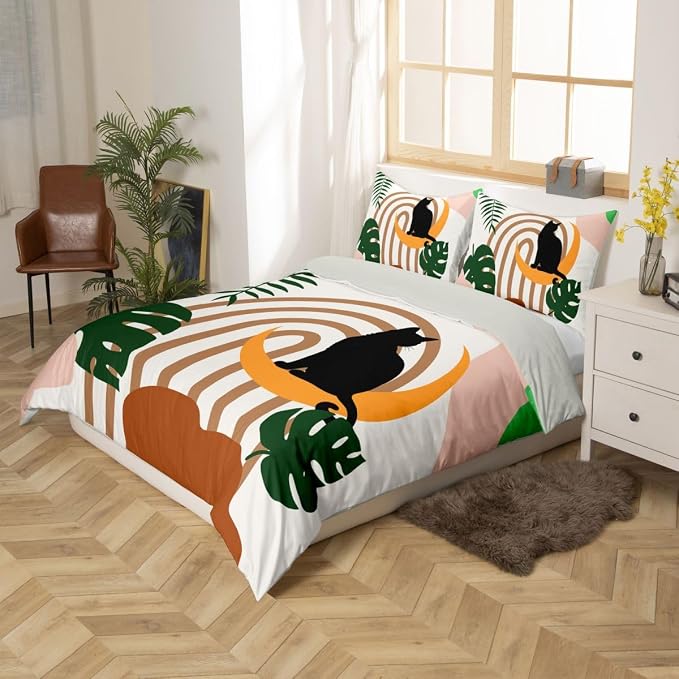 Erosebridal Funny Cat Bedding Set Twin Boho Mid Century Duvet Cover Modern Abstract Minimalism Geometric Comforter Cover for Kids Girls Boys Adults Tropical Palm Leaves Bed Set