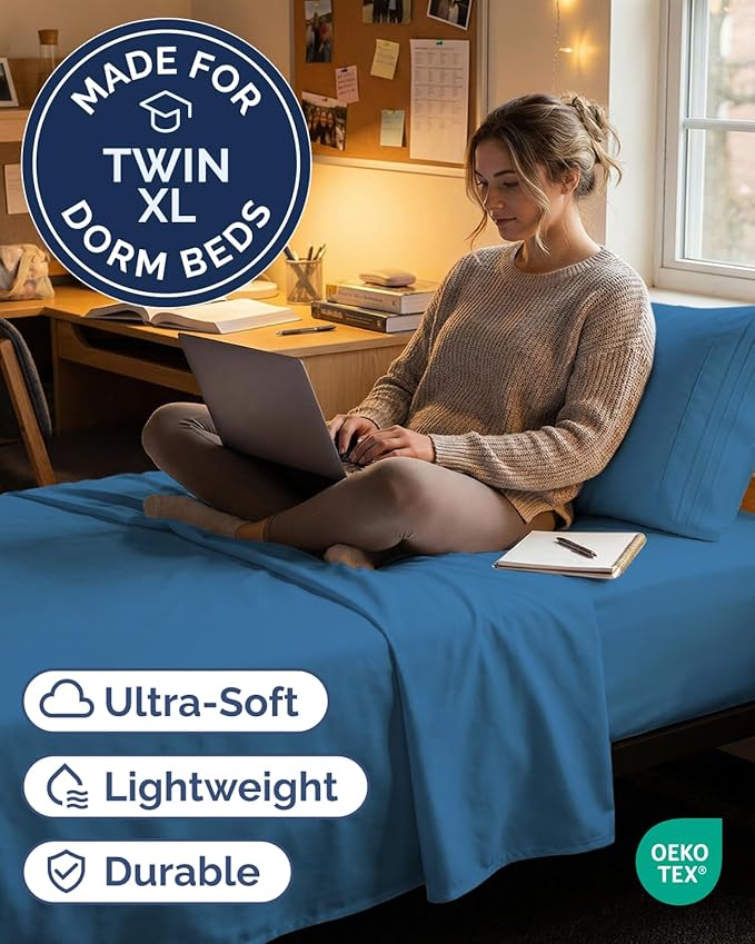 Twin XL Size 3 Piece Sheet Set - Comfy Breathable & Cooling Sheets - Hotel Luxury Bed Sheets for Women & Men - Deep Pockets, Easy-Fit, Soft & Wrinkle Free Sheets - Denim Blue Oeko-Tex Bed Sheet Set