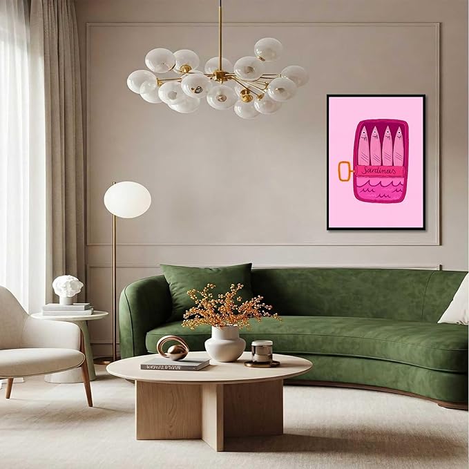 Retro Dinner Sardinas Canvas Wall Art Food And Drink Illustrations Posters Bar Cart Artwork Prints Pink Aesthetic Wall Decor For Living Room Bedroom Dorm Decor 24x36in Unframed