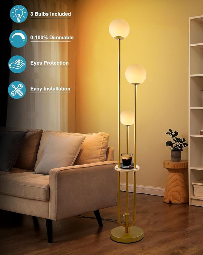 63IN Dimmable Floor Lamp with Shelf, Unique Globe Gold Tall Standing Lamps Candle Holder Style, 3000K Warmwhite Mid Century Modern Floor Lamp for Living Room Home Office(Bulbs Included)