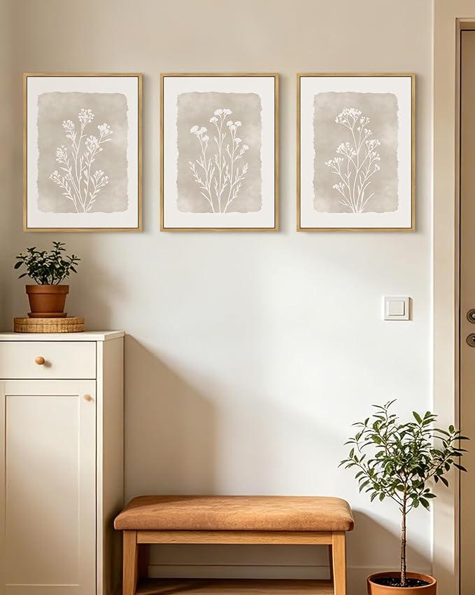 KUVIOKE Boho Botanical Flower Framed Wall Art Farmhouse Vintage Floral Wall Painting Rustic Wildflower Neutral Prints for Living Room Bedroom 12x16in (Natural Framed)