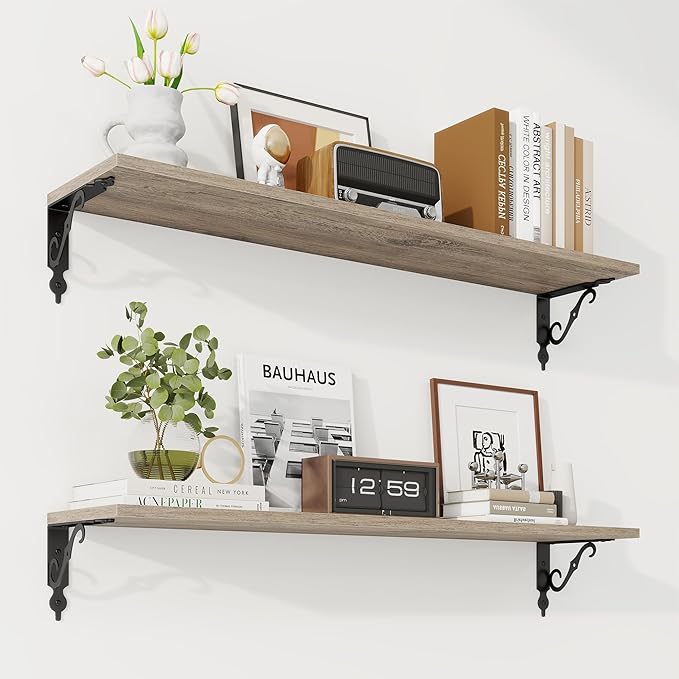 RICHFOCUS Floating Shelves for Wall Decor, 35.4W x 8D Wall Shelves Set of 2, 8 Inch Deep Rustic Wood Shelves Wall Mounted with Brackets, Long Floating Shelves for Living Room Bedroom Kitchen, Grey