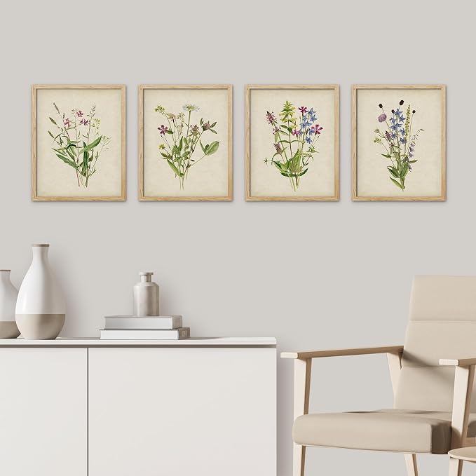 SIGNWIN Framed Watercolor Floral Botanical Wall Art, Set of 4 Vintage Wall Decor Prints, Minimalist Wall Décor for Living Room, Bedroom - 12"x16" Natural