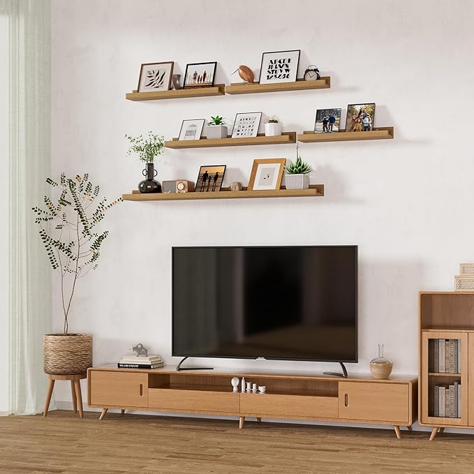 Heimlove Picture Ledge Shelf,48 inch Long Floating Shelves for Wall Set of 2,Picture Shelf with Lip for Wall Decor,Living Room,Bedroom,Bookshelf,Nursery,Perfume,Oak Color