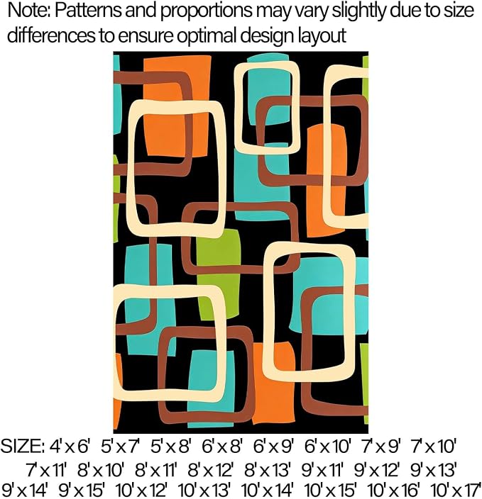 Mid Century Modern Rug, Colorful Abstract Geometric Area Rug, Retro Atomic Starburst Rugs, Washable Non-Slip Soft Low Pile 1950s Carpet for Living Room, Bedroom (10' x 16'(Rectangular))
