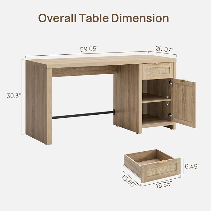 SICOTAS Rattan Home Office Desk, 2 Pieces 59" Boho Executive Desk with Storage Cabinets and Drawers, Larger Computer Laptop Vanity Desk for Office, Study, Living Room, Light Oak