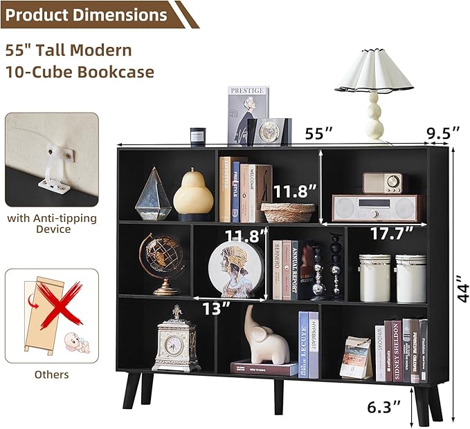LEYAOYAO 10 Cube Bookshelf, 3 Tier Vintage 55" Wide Bookcase with Legs, Mid-Century Wood Bookshelves Storage, Black Large Book Case, Freestanding Organizer Display Shelf for Living Room, Office