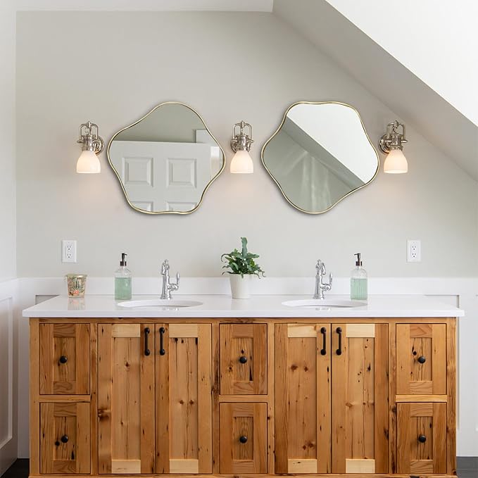 Gold Irregular Mirror, 16" Asymmetrical Shaped Mirror, Wavy Round Mirrors Decorative, Modern Scalloped Mirrors for Living Room Bathroom Bedroom Hallway Entryway Fireplace