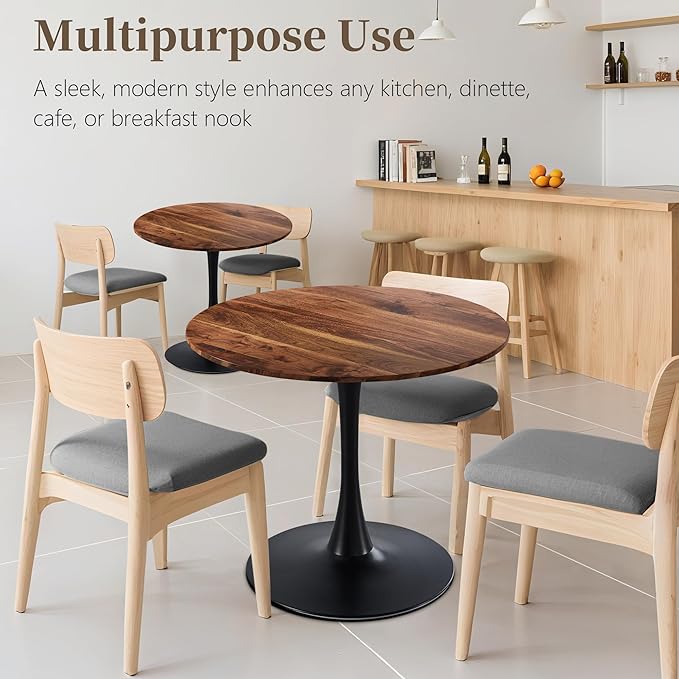 31.5 Inch Round Dining Table,Mid-Century Tulip Table with Metal Pedestal Base,Modern Leisure Table for Small Space Kitchen Dining Room,Easy Assembly,Walnut and Black
