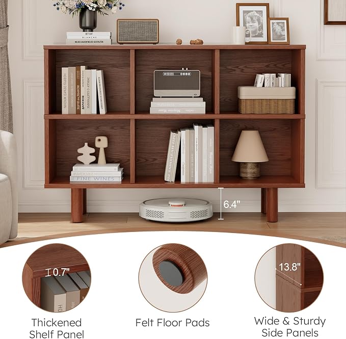 Solid Wood 6 Cube Storage Organizer, Horizontal Bookshelf with Storage, 2 Shelf Bookcase, 6 Cube Shelf, TV Stand Bookshelf, Small Book Shelf for Kids Rooms, Bedroom, Living Room, Offices (47.2 Wide)
