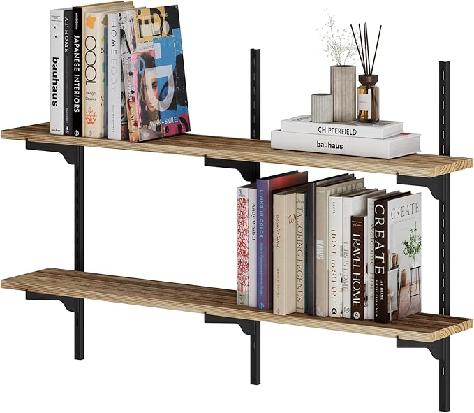 Wallniture Turin 36 inch Wooden Wall Shelf Unit, Height Adjustable Wall Shelves for Display, Storage, Organization and Decor, Kitchen Organizer Shelf, Floating Bookshelves for Living Room, 2 Tier